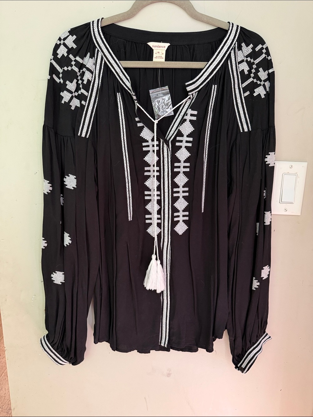 Sundance Black Tunic with White Geometric Embroidery and Tassel Tie
